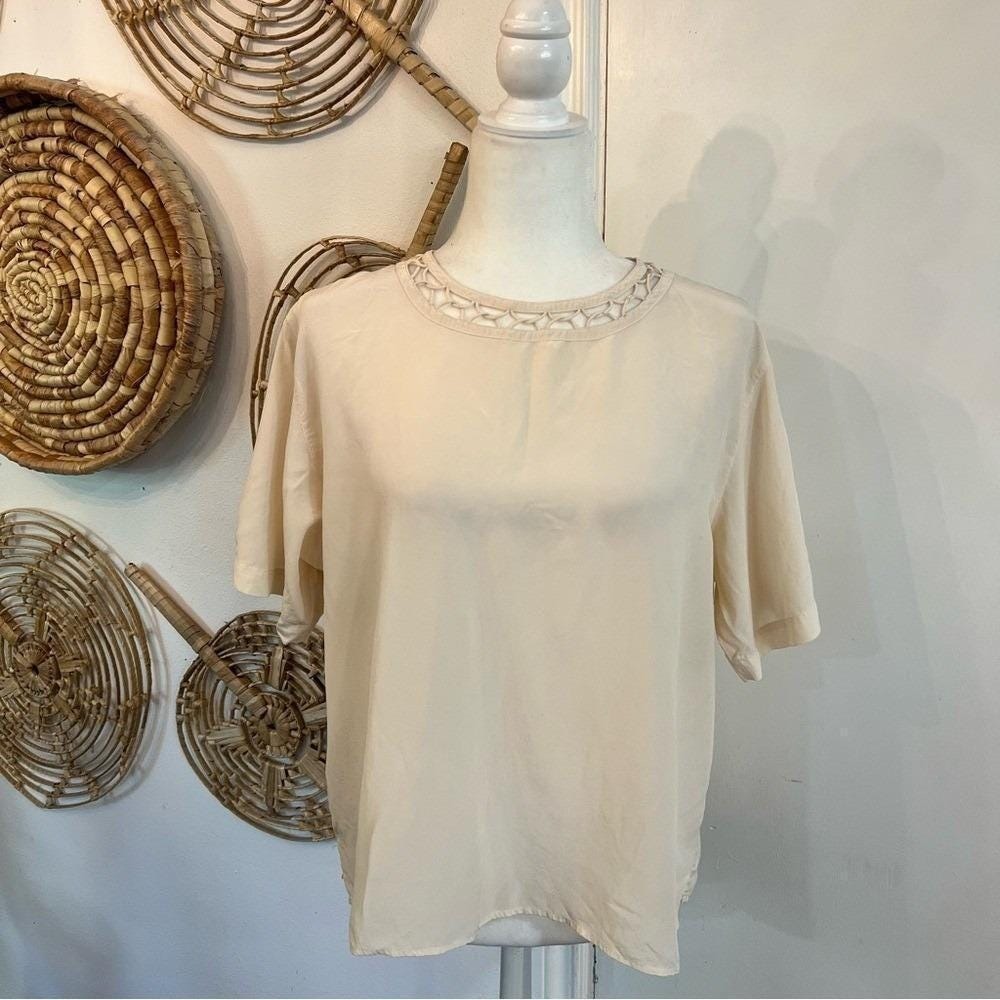 Vintage Silk Blouse Cream Short Sleeve Top Minimalist Classic Women L